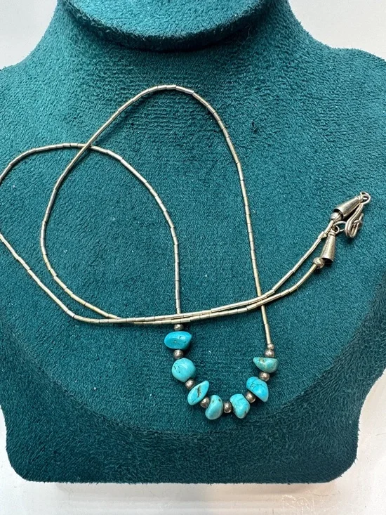 Turquoise Liquid Sterling Silver Necklace Cone Caps Hook Closure 20” - Picture 2 of 6